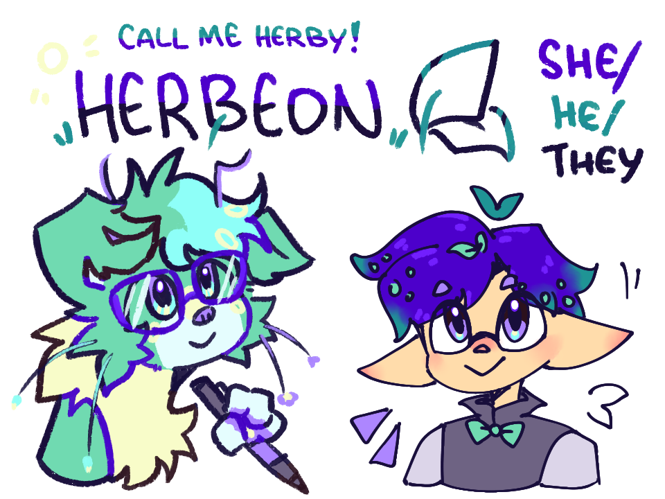 I'm Herby! she/he/they. my critter sona cosi on the left, and inkling sona herbyrb on the right!